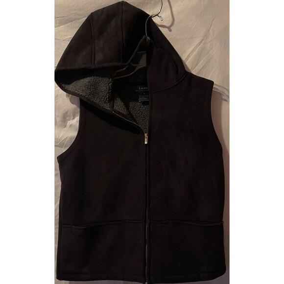 LAUREN RALPH LAUREN Suede Sherpa Lined Hooded Gray Equestrian Zip Vest M - Picture 4 of 9